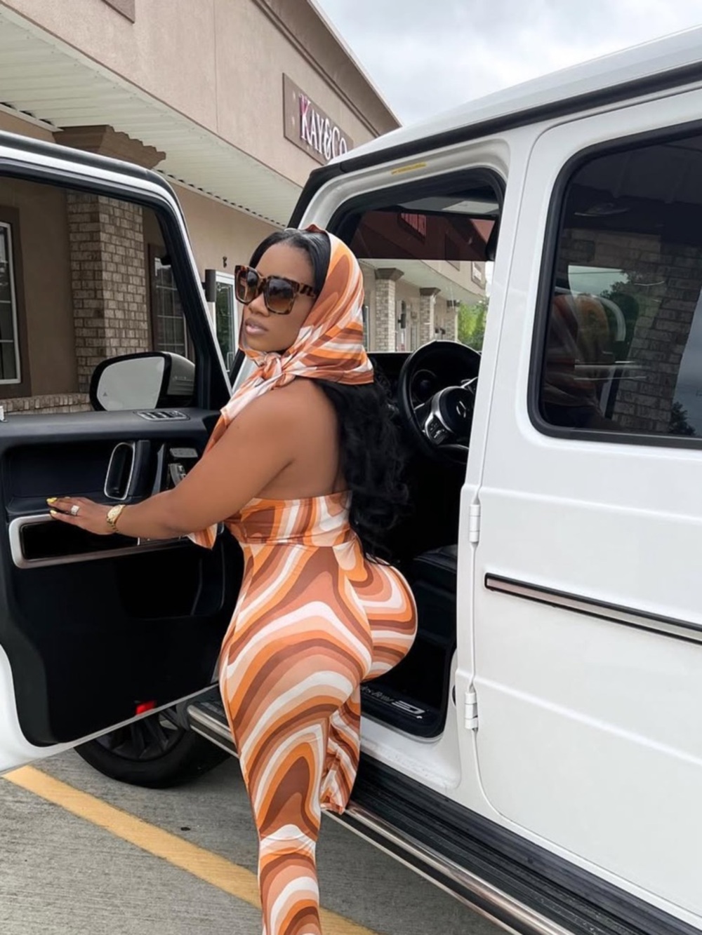 Women's Orange Multi-Stripe Halter Jumpsuit with Headscarf